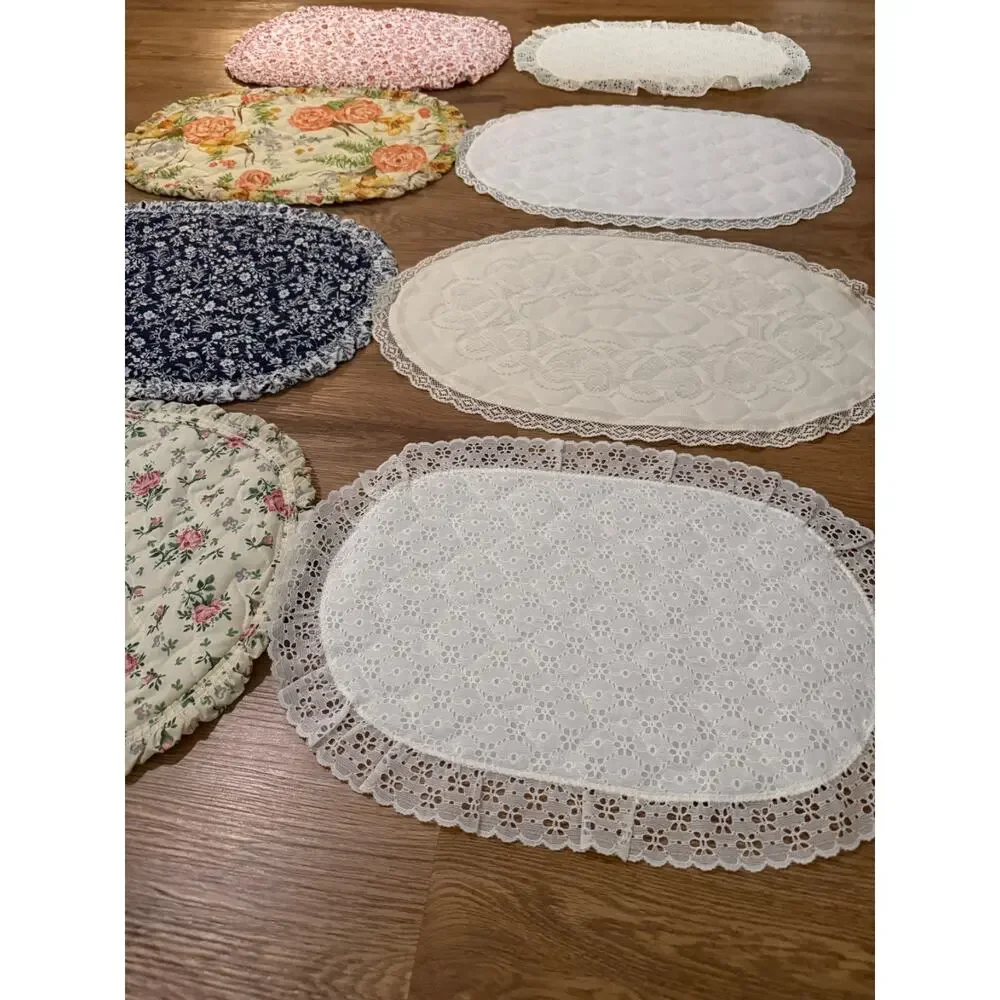 Lot of 8 Vintage Quilted Oval Table Placemats Doilies Lace Floral Cottage